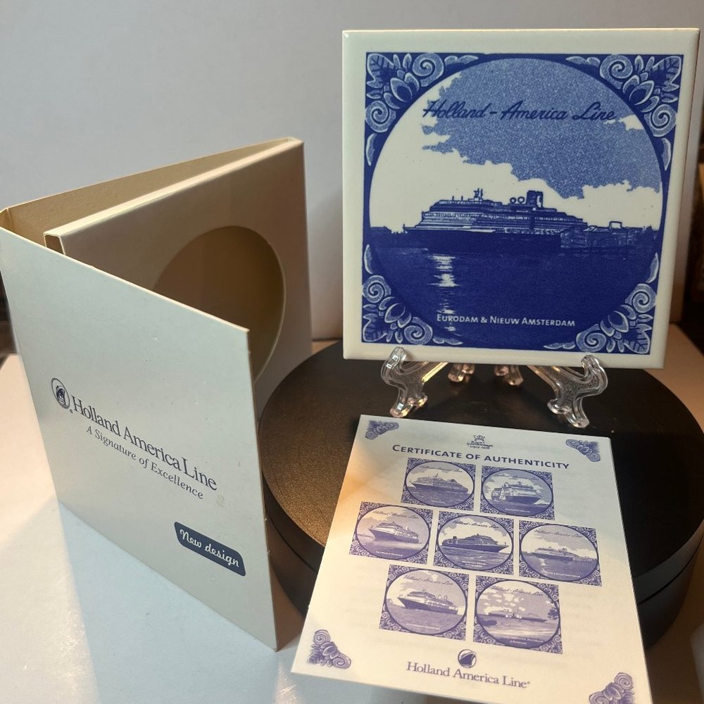 Vintage Blue Delft Tile Holland - America Line Eurodam & Nieuw Amsterdam w/COA